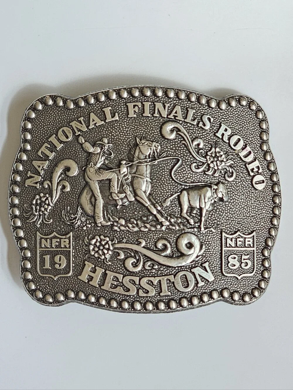 Vintage 1985 Hesston Belt buckle National Finals Rodeo Fred Fellows Design